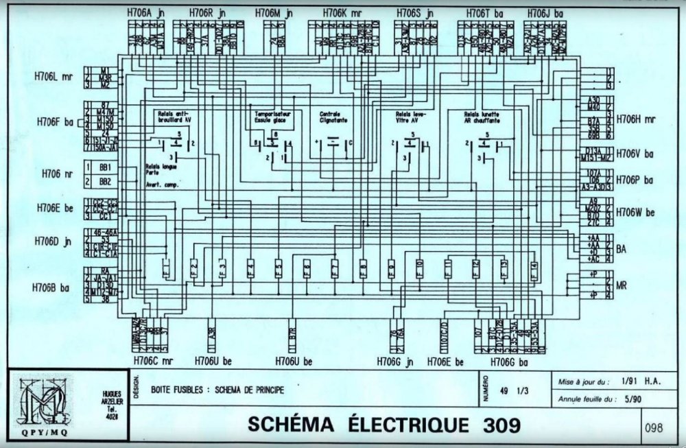 peugeot 309 schema fuse board with wire codes at plugs.JPG